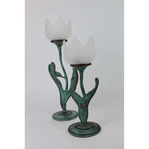 Vintage Verdigris Brass Tulip Candle Holders With Frosted Glass Shades 7" & 9" T
